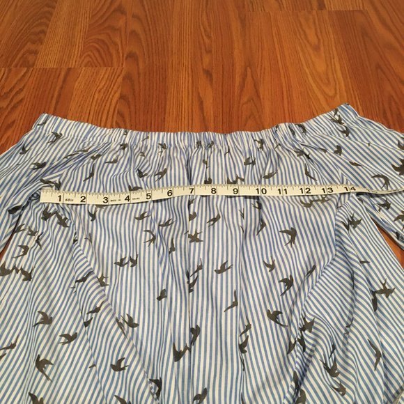 Express Women's Tie Front Off-Shoulder Blue Striped Bird Print Blouse, Sz SP - Picture 7 of 9